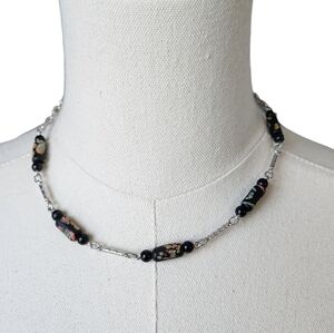Vintage Sarah Coventry Black Millefiori Glass Bead & Silver Tone Chain Necklace